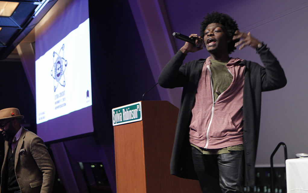 Jalib Johnson, Science Genius B.A.T.T.L.E.S. winner, represents for the #hiphoped movement (Photo: Terrence Jennings)